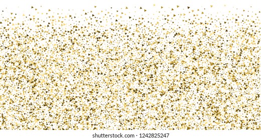 Gold triangles luxury sparkling confetti. Scattered small gold particles on white background. Brilliant festive overlay template. Noteworthy vector illustration.