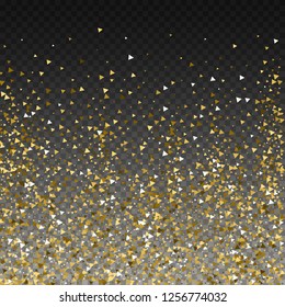 Gold triangles luxury sparkling confetti. Scattered small gold particles on transparent background. Adorable festive overlay template. Nice vector illustration.