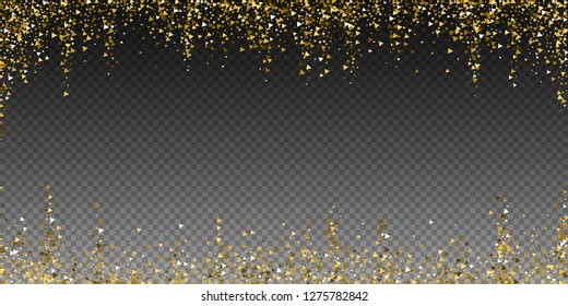 Gold triangles luxury sparkling confetti. Scattered small gold particles on transparent background. Bewitching festive overlay template. Amusing vector illustration.