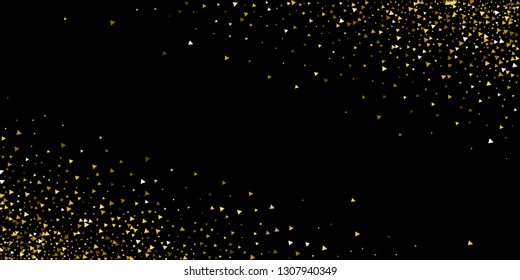 Gold triangles luxury sparkling confetti. Scattered small gold particles on black background. Astonishing festive overlay template. Lovely vector illustration.
