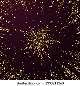 Gold triangles luxury sparkling confetti. Scattered small gold particles on red maroon background. Actual festive overlay template. Breathtaking vector illustration.