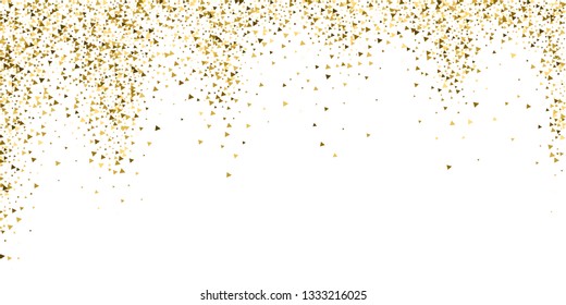 Gold triangles luxury sparkling confetti. Scattered small gold particles on white background. Bizarre festive overlay template. Popular vector illustration.