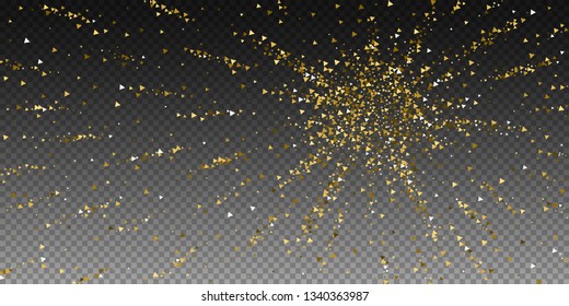 Gold triangles luxury sparkling confetti. Scattered small gold particles on transparent background. Authentic festive overlay template. Ecstatic vector illustration.