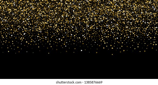 Gold triangles luxury sparkling confetti. Scattered small gold particles on black background. Breathtaking festive overlay template. Fancy vector illustration.