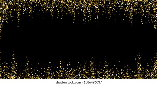 Gold triangles luxury sparkling confetti. Scattered small gold particles on black background. Bewitching festive overlay template. Alluring vector illustration.