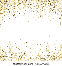 Gold triangles luxury sparkling confetti. Scattered small gold particles on white background. Alive festive overlay template. Awesome vector illustration.