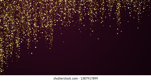 Gold triangles luxury sparkling confetti. Scattered small gold particles on red maroon background. Bewitching festive overlay template. Good-looking vector illustration.