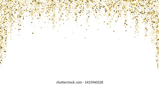 Gold triangles luxury sparkling confetti. Scattered small gold particles on white background. Beauteous festive overlay template. Rare vector illustration.