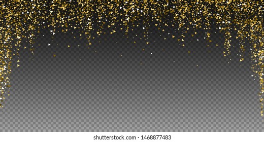 Gold triangles luxury sparkling confetti. Scattered small gold particles on transparent background. Beauteous festive overlay template. Radiant vector illustration.