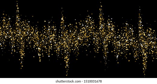 Gold triangles luxury sparkling confetti. Scattered small gold particles on black background. Beauteous festive overlay template. Extra vector illustration.