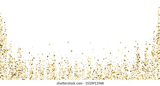 Gold triangles luxury sparkling confetti. Scattered small gold particles on white background. Beautiful festive overlay template. Cute vector illustration.