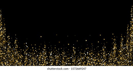 Gold triangles luxury sparkling confetti. Scattered small gold particles on black background. Beautiful festive overlay template. Cool vector illustration.