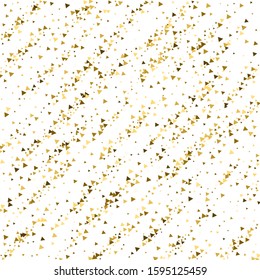 Gold triangles luxury sparkling confetti. Scattered small gold particles on white background. Alive festive overlay template. Uncommon vector illustration.