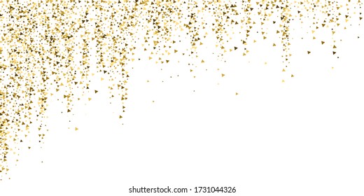 Gold triangles luxury sparkling confetti. Scattered small gold particles on white background. Bewitching festive overlay template. Graceful vector illustration.
