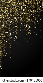 Gold triangles luxury sparkling confetti. Scattered small gold particles on black background. Emotional festive overlay template. Impressive vector background.