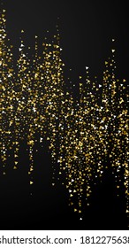 Gold triangles luxury sparkling confetti. Scattered small gold particles on black background. Eminent festive overlay template. Curious vector background.