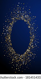 Gold triangles luxury sparkling confetti. Scattered small gold particles on dark blue background. Dramatic festive overlay template. Wonderful vector background.
