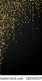 Gold triangles luxury sparkling confetti. Scattered small gold particles on black background. Elegant festive overlay template. Unusual vector background.