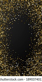 Gold triangles luxury sparkling confetti. Scattered small gold particles on black background. Divine festive overlay template. Trending vector background.