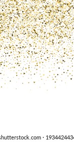 Gold triangles luxury sparkling confetti. Scattered small gold particles on white background. Energetic festive overlay template. Shapely vector background.