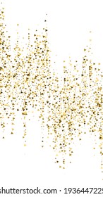 Gold triangles luxury sparkling confetti. Scattered small gold particles on white background. Eminent festive overlay template. Dazzling vector background.