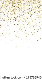 Gold triangles luxury sparkling confetti. Scattered small gold particles on white background. Excellent festive overlay template. Extraordinary vector background.