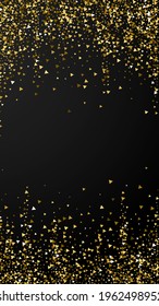 Gold triangles luxury sparkling confetti. Scattered small gold particles on black background. Emotional festive overlay template. Divine vector background.