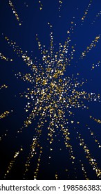 Gold triangles luxury sparkling confetti. Scattered small gold particles on dark blue background. Elegant festive overlay template. Overwhelming vector background.