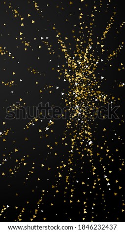 Gold triangles luxury sparkling confetti. Scattered small gold particles on black background. Ecstatic festive overlay template. Terrific vector background.