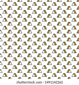 Gold triangles pattern on white background. Abstract seamless repeating pattern. Minimal design with golden glittering geometric shapes. Vector illustration.
