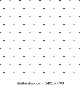 Gold triangles pattern on white background. Abstract seamless repeating pattern. Minimal design with golden glittering geometric shapes. Vector illustration.