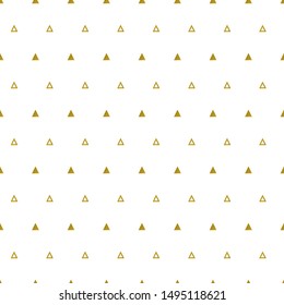 Gold triangles pattern on white background. Abstract seamless repeating pattern. Minimal design with golden glittering geometric shapes. Vector illustration.