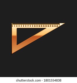 Gold Triangular ruler icon isolated on black background. Straightedge symbol. Geometric symbol. Long shadow style. Vector.