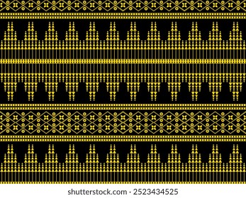 Patrones geométricos tribales y aztecas de oro sobre un fondo negro, perfecto para alfombras, Fondo de pantalla, ropa y textiles. Vector.