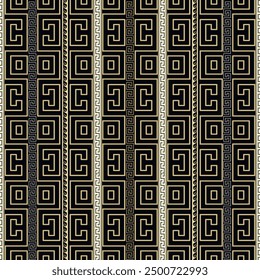 Golden Stammes ethnischen Griechen alten Stil nahtlose Muster mit vertikalen Grenzen, griechische Schlüssel Mäander. Eleganter griechischer Hintergrund. Schöne geometrische Ornamente. Abstraktes modernes Design.  Endlose Textur.