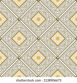 Gold tribal ethnic seamless pattern. Greek rhombus frames background. Elegant repeat Deco backdrop. Golden geometric ornaments on white. Modern symmetrical abstract design. Endless texture. Vector.