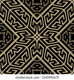 Gold tribal ethnic seamless pattern. Greek ornamental rhombus background. Repeat backdrop. Golden lines ornaments. Modern abstract design. Endless texture. Vector. Rhombus frames, mazes, shapes, signs