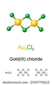 Gold trichloride or Gold(III) chloride, molecule model and chemical formula. Traditionally called auric chloride, inorganic compound of gold and chlorine with molecular formula Au2Cl6. Dimer of AuCl3.