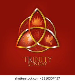 Gold Trinity Sunday symbol poster. Observed on the first Sunday after Pentecost. Religious trinity, crown, Jesus, holy spirit, dove. Golden trinity knot with golden ring.  Vector Illustration. EPS 10 