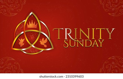 Cartel del cartel del símbolo del domingo de la Trinidad de oro. Observado el primer domingo después de Pentecostés. La trinidad religiosa, la corona, Jesús, el espíritu sagrado, la paloma. El nudo de la trinidad dorada con el anillo dorado. Ilustración vectorial.