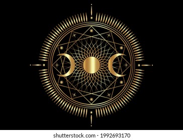 Gold Triple moon mystic icon Sacred Geometry Wicca sign, radial rays symbol, concept of moonlight, logo Mandala Goddess tattoo of white line, Masonic symbology, vector isolated on black background