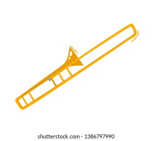 Gold trombone for jazz and blues isolated on white background. Cartoon vector illustration of music festival instrument used for music poster, magazine, tickets.