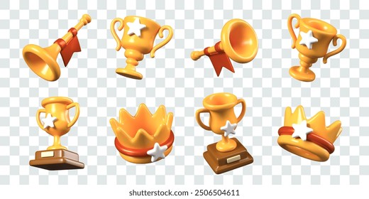 Gold trophies in different positions. Trumpet with flag, crown with star, cup, bowl on stand