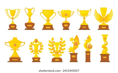conjunto de ilustraciones de vector plano ganadoras de trofeos dorados. Colección de trofeos dorados o premios para la ceremonia de premiación, recompensa por el concurso deportivo ganador sobre fondo blanco. Competencia, concepto de victoria