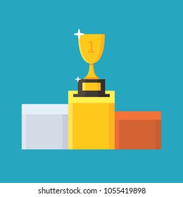 Gold trophy. Award. First place. Winner podium. Prize. Flat cup icon. Vector illustration isolated on background