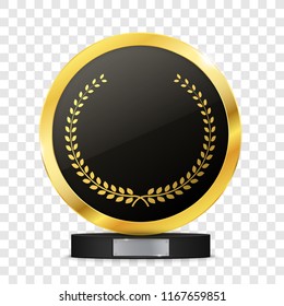 Gold trophy award with laurel wreath. Vector 