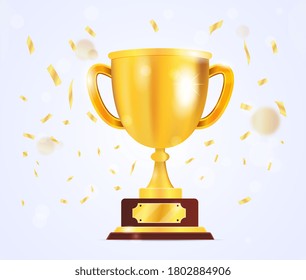 Gold trophy award on a wooden plinth with blank label over a textured white background, colored vector illustration