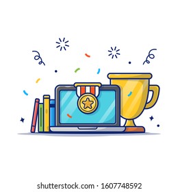 Gold Trophy, Book And Laptop Vector Icon Illustration. Education Achievement, Scholarship Icon Concept White Isolated. Flat Cartoon Style Suitable for Web Landing Page, Banner, Sticker, Background