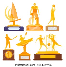 Gold trophy, bright sports kookbok, winners in different sports, design cartoon style vector illustration, isolated on white.