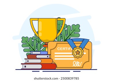 Trofeo de oro con certificado y libro, pedestal de premio de graduación con trofeo, sombrero de graduado y certificado. El camino al éxito. Icono de la educación escolar, Ilustración vectorial plana en el fondo.